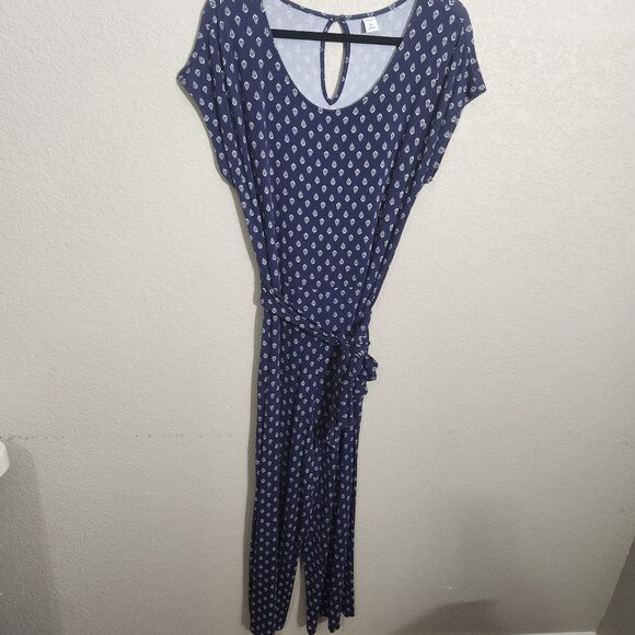 Old Navy Womens Navy Blue White Printed Jumpsuit Size Tall Large Tie Waist - Picture 1 of 16
